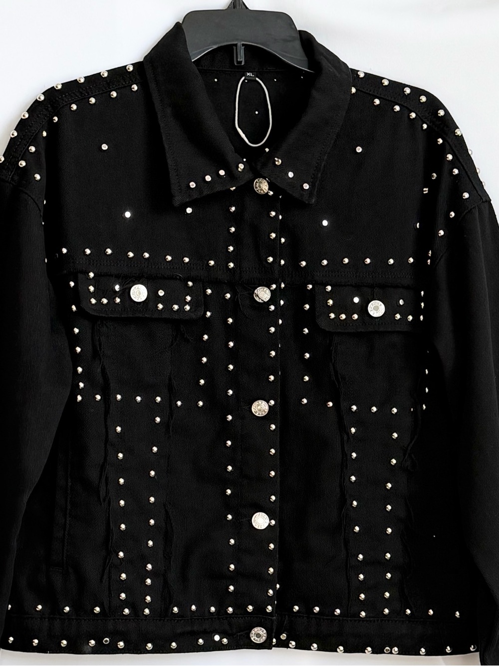 Black Studded Denim Jacket with Silver Accents - Women